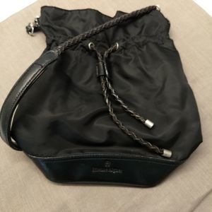 Vintage Etienne Aigner Black Leather and Fabric Drawstring Bucket Bag